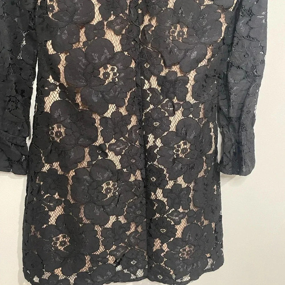 Wayf Black Lace Long Bell Sleeve Mini Shift Dress with Nude Lining - Picture 8 of 10